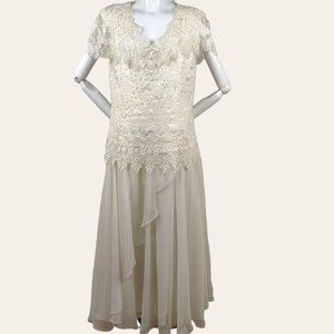 Vintage 1980s Jessica McClintock Lace Flapper Dress Party Dress Drop Waist Sheer